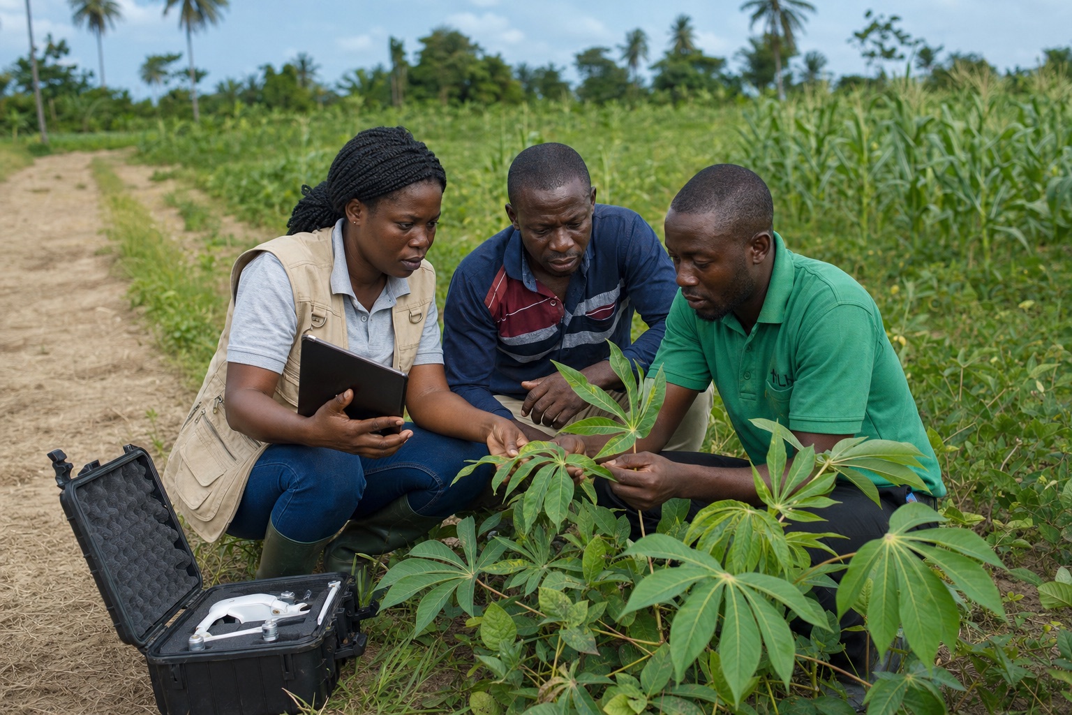 Field visit to Ghanaian farm, agricultural experts examining crops, drone technology, modern farming