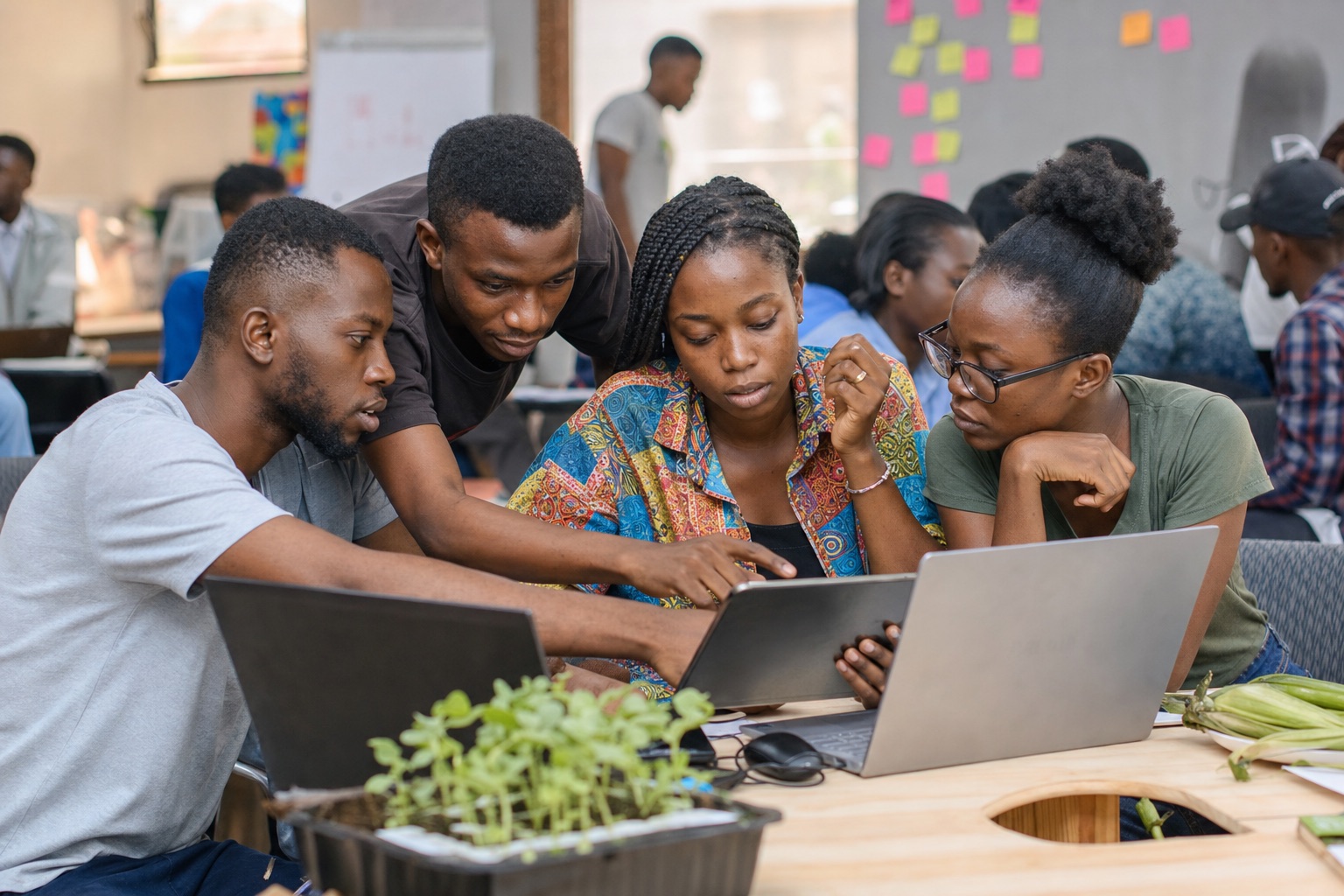 Youth agriculture hackathon Ghana, young people coding agri-apps, collaborative workspace, energetic atmosphere
