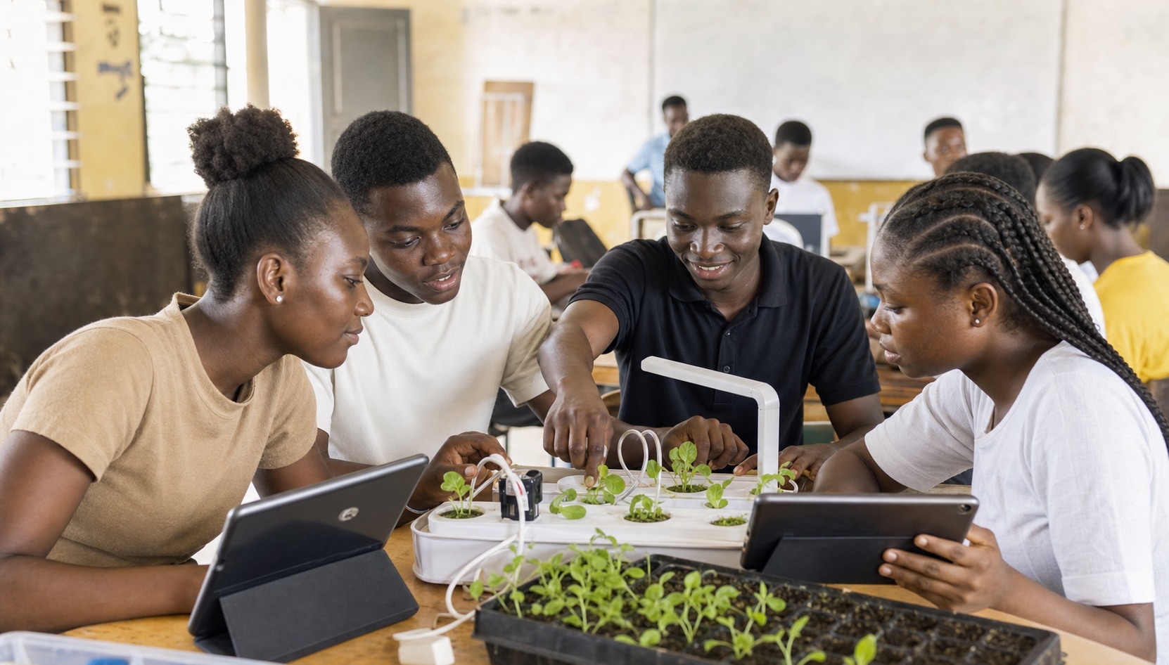 Young African students learning agri-technology on tablets in modern classroom, Ghana, youth agriculture education