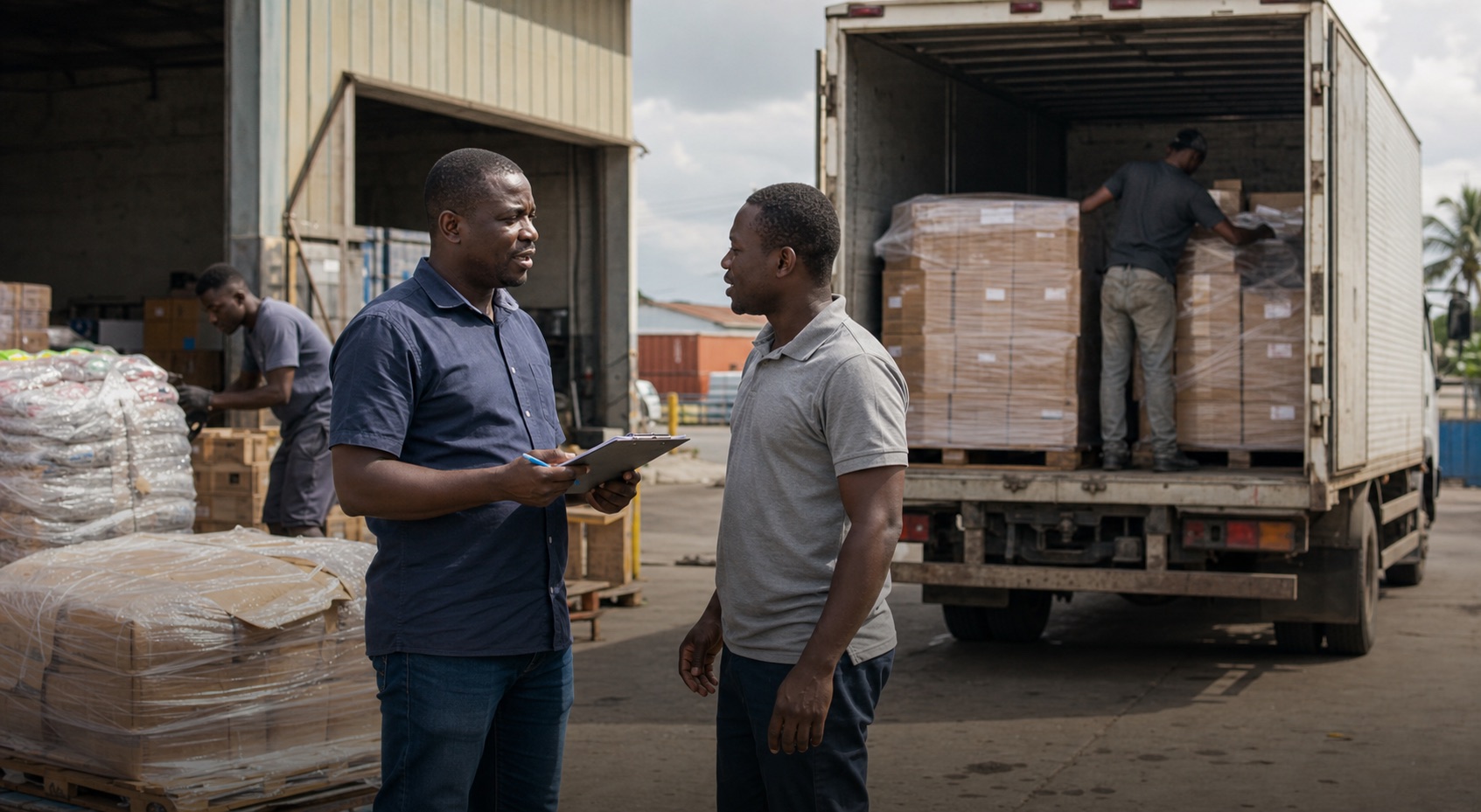 logistics warehouse operations trucks loading dock supply chain management professional corporate photography